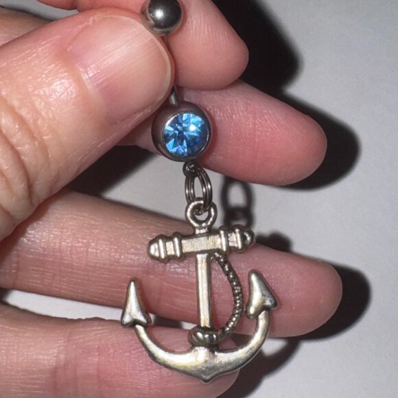 Large Anchor with Rope and Light Blue Gem Dangle Belly Ring - Picture 7 of 16